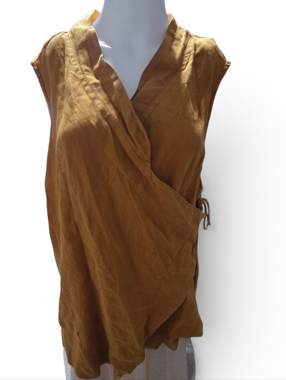 ​Bryn Walker 1X Linen Asymmetrical Wrap Tunic Top Vest Mustard Ocher